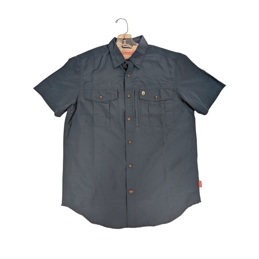 Coleman Camp fishing Shirt Men's Navy Blue M Short Sleeve Polyester lantern logo